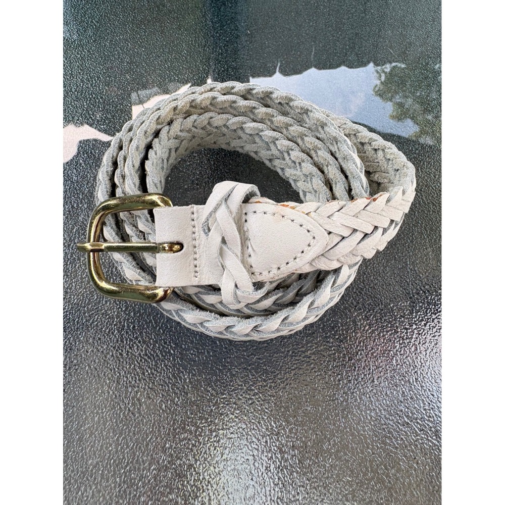 Vintageโ Argentina White Braided Genuine Leather Belt Gold Buckle Size 22-24